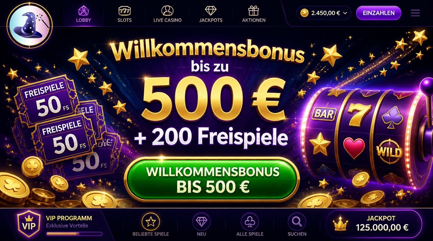  Ein Bildschirm zeigt den Willkommensbonus mit bis zu 500 € und 200 Freispielen in Magischem Licht. 