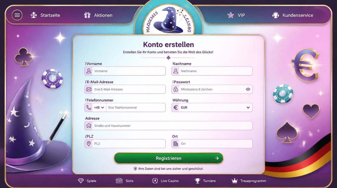 Formular mit EUR, Telefonnummer +49, Adresse, grüner Registrieren-Button
