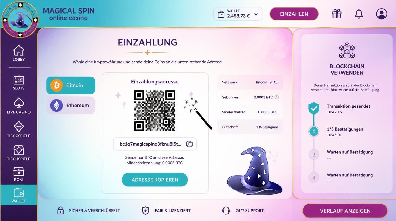 Krypto-Einzahlung mit Wallet und QR-Code auf Casino-Bildschirm