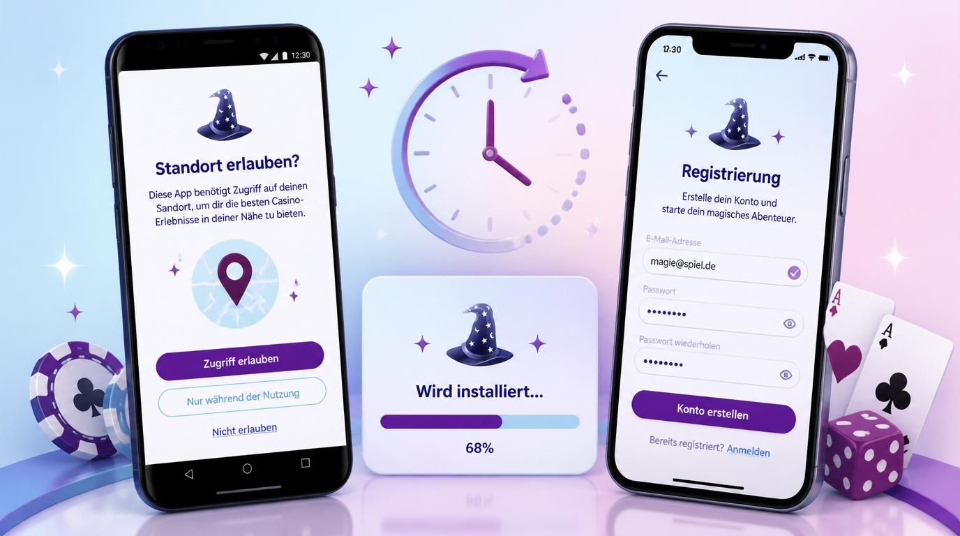Bildschirm mit Berechtigungsanfrage, Registrierung und Installationsfortschritt 
