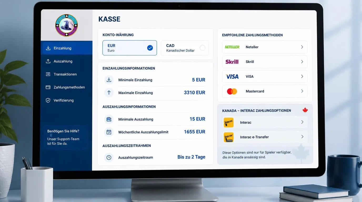 Casino-Kassenansicht mit Euro-Betrag, Karten und E-Wallets neben einem Hinweis zum wöchentlichen Auszahlungslimit