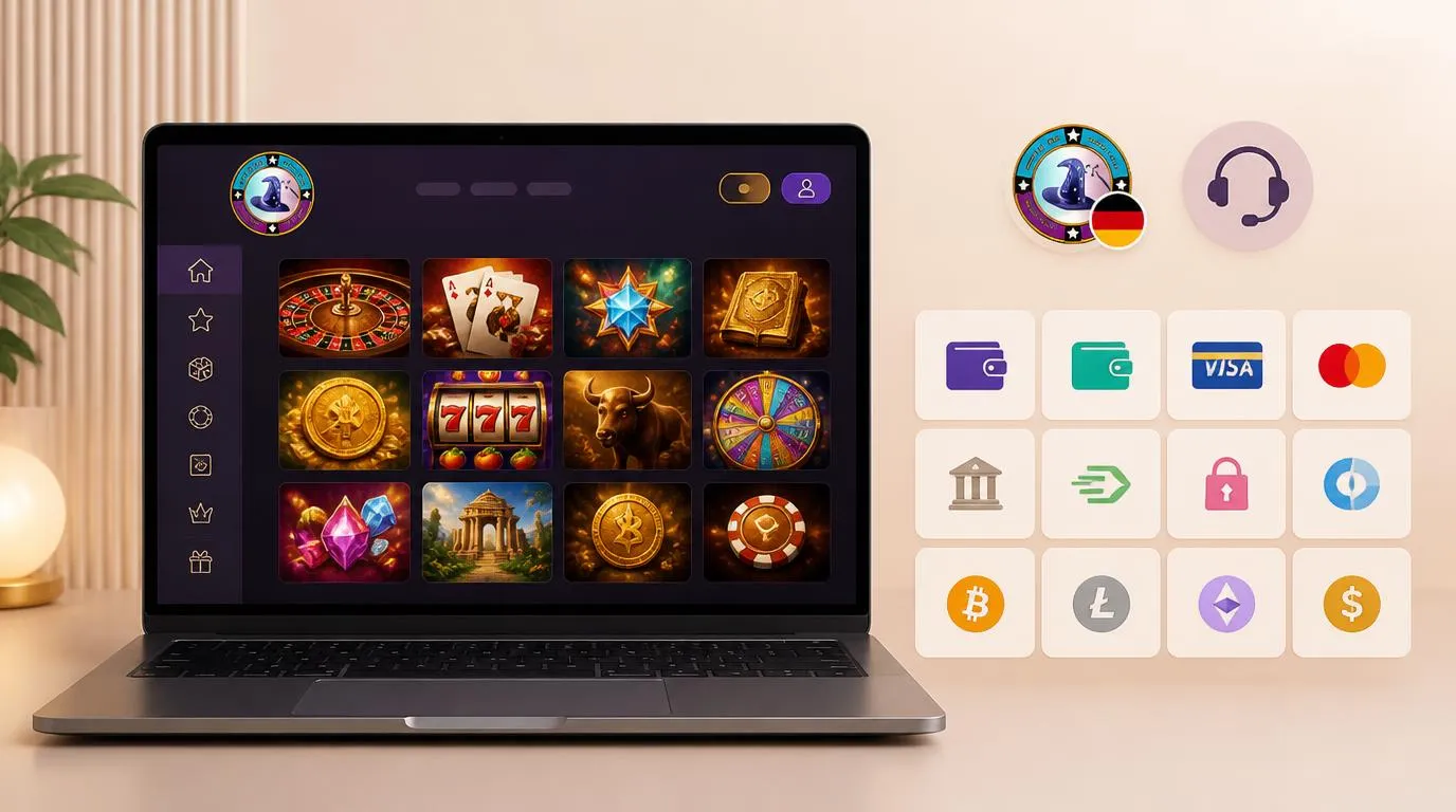 Casino-Oberfläche mit Spielkacheln, Sprachauswahl, Kundenservice und verschiedenen Zahlungsarten