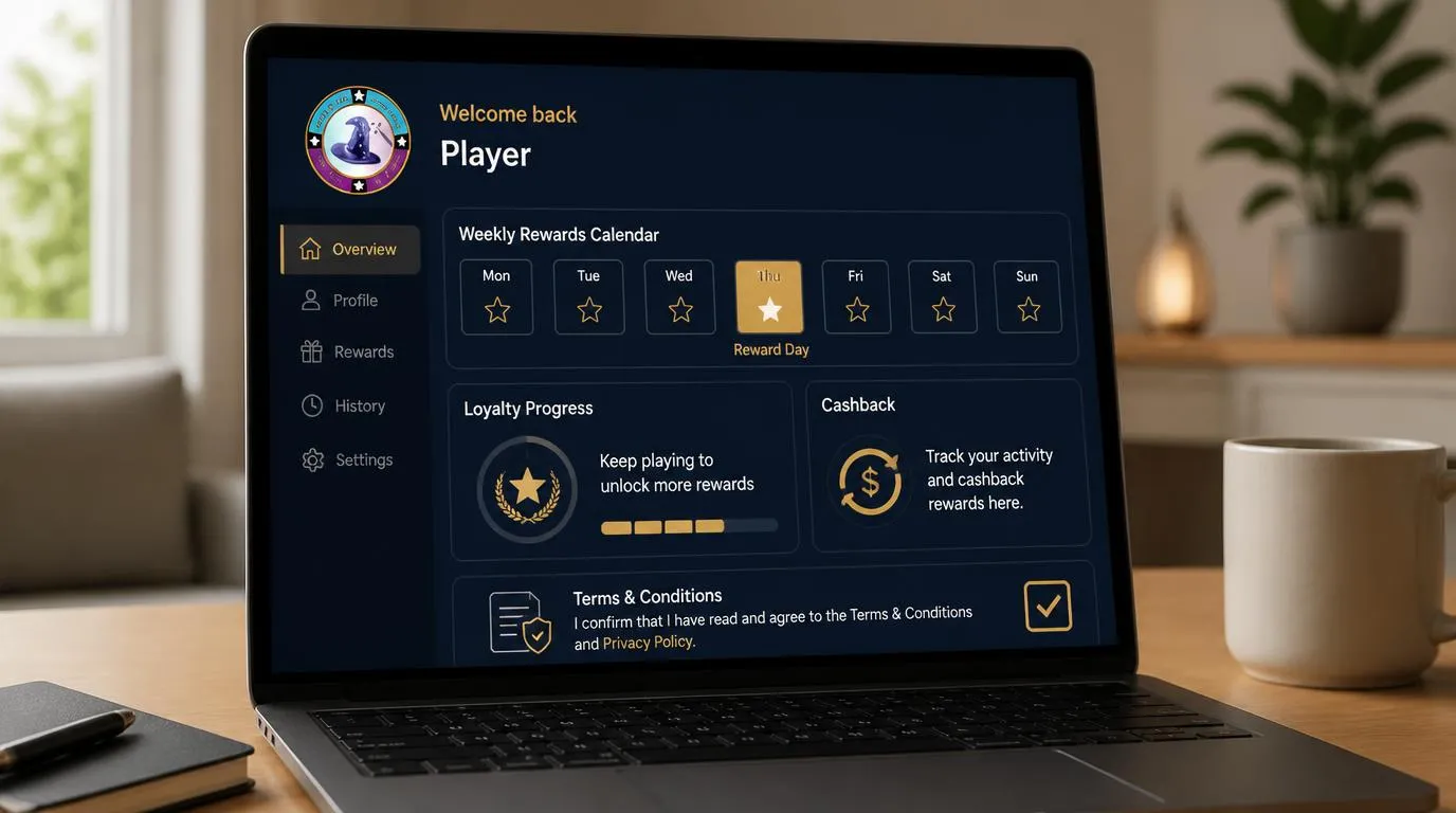 Casino-Konto mit Kalender für Wochenprämien und einer Cashback-Karte