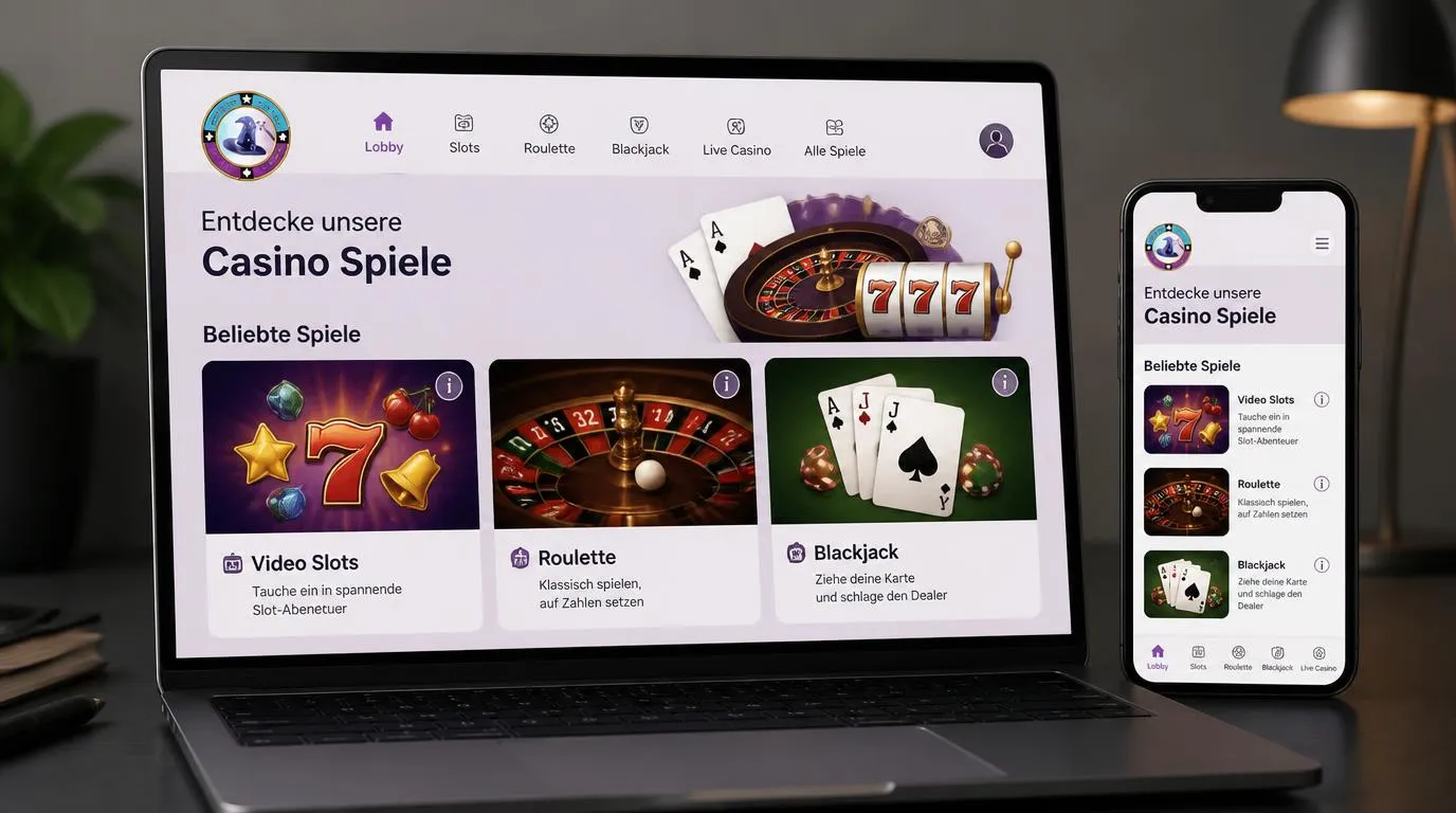 Illustrative Casino-Lobby mit Slot-Kacheln und Bereichen für Roulette und Blackjack