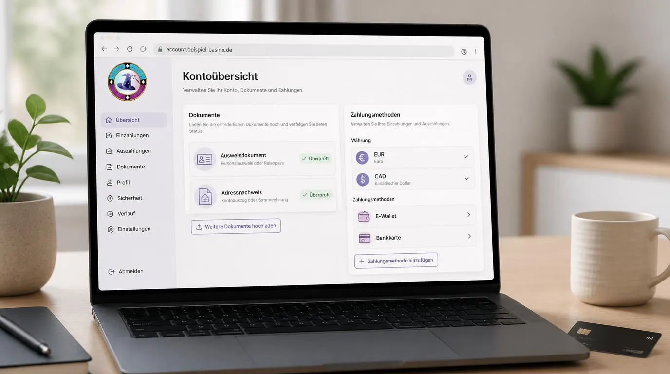 Laptop mit sicherem Dokumenten-Upload und Zahlungsseite für ein Casino-Konto