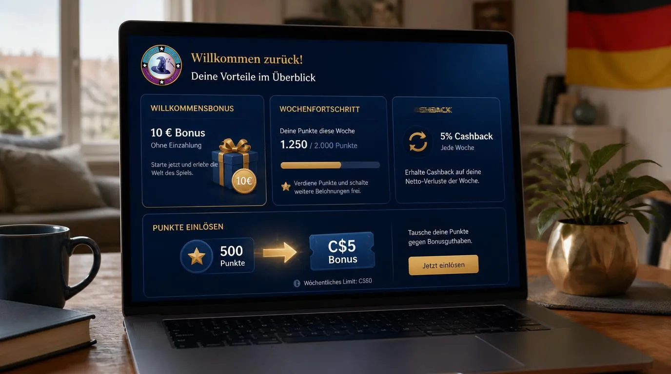 Casino-Dashboard mit 10-Euro-Willkommensbonus, Punktezähler und wöchentlichen Prämien