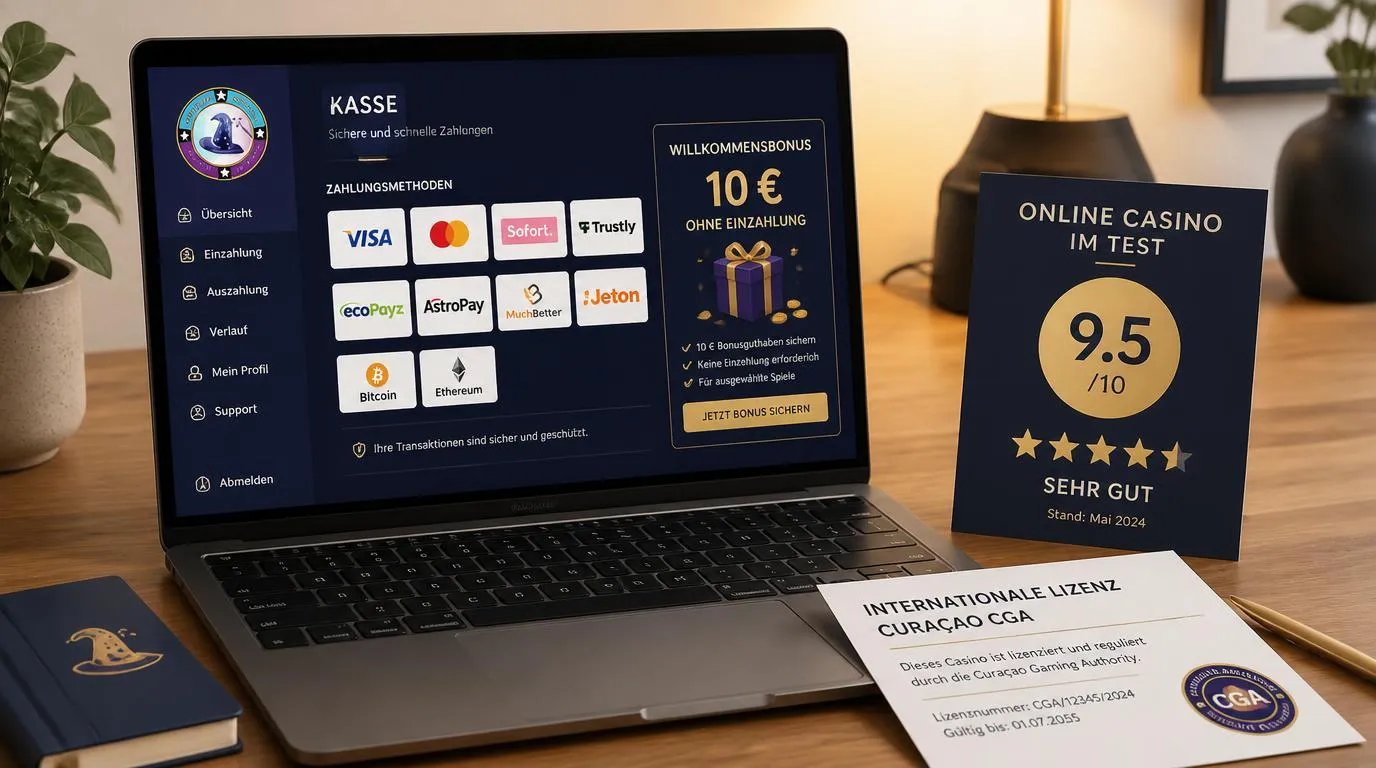 Casino-Bewertung neben einer Kassenansicht mit Bonusangebot und Zahlungsmethoden